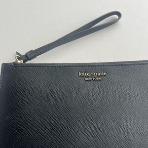 kate spade black saffiano leather wristlet with gold logo